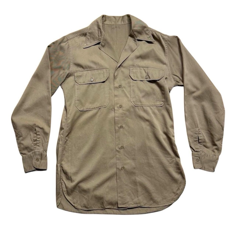 Vintage 1970s Military Button Up Khaki Uniform Utility Medium Shirt